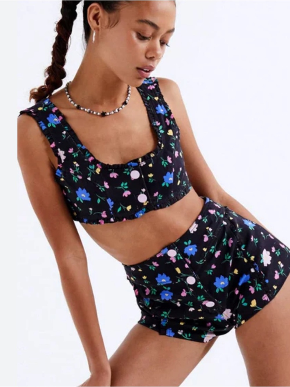 NWT SET For Love & Lemons, Black Floral Robin Crop Top & Shorts Size SMALL S *